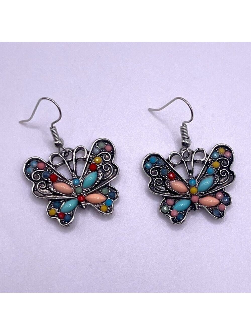 Silver Tone Colorful Butterfly Earrings